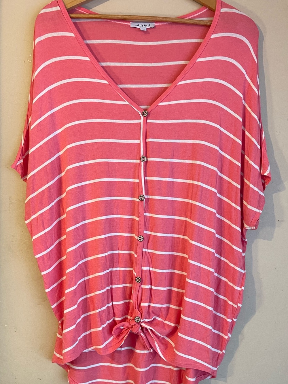 White Birch Coral Pink Striped Tie Front V Neck Top Plus Size 1X 2X